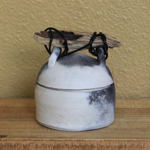 Pit Fired Small Lidded Pottery Piece w/ Driftwood and Cord Handle - Picture 5 of 14